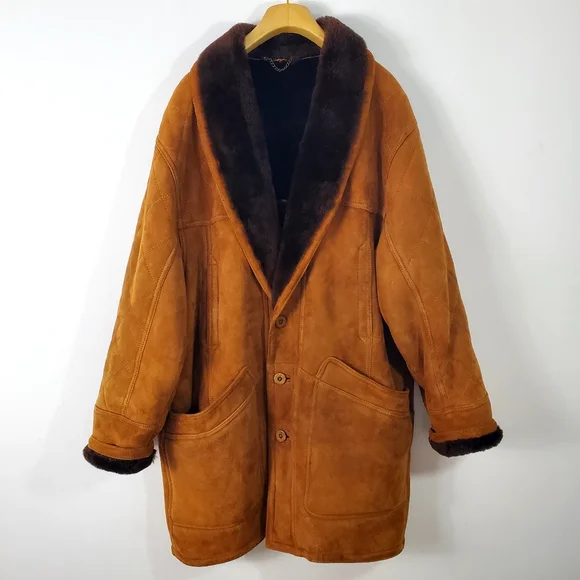 Vintage 70s Women's Tan Leather Shearling Coat - Picture 3 of 12